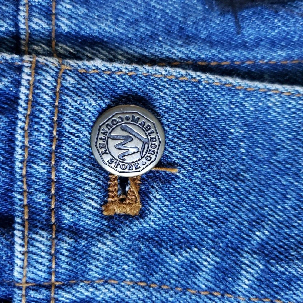 Vintage Marlboro Country Store Vest Mens M Blue Denim Biker Lamb Of God Patch